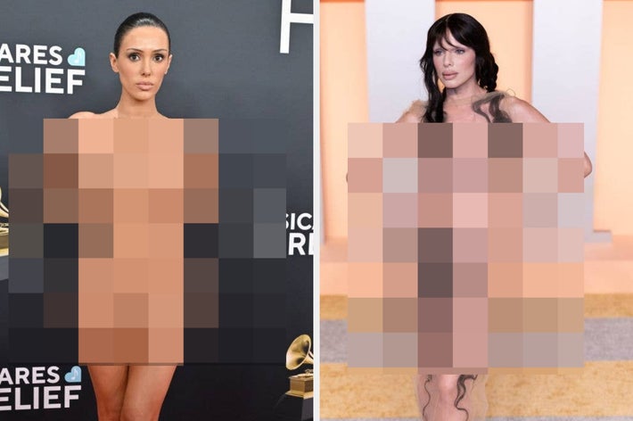 Two individuals on red carpets wearing form-fitting, elegant gowns. Hair is styled sleek and loose, respectively. They pose confidently for photos