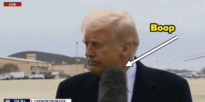Trump being hit in the mouth with a reporter&#x27;s microphone on a tarmac
