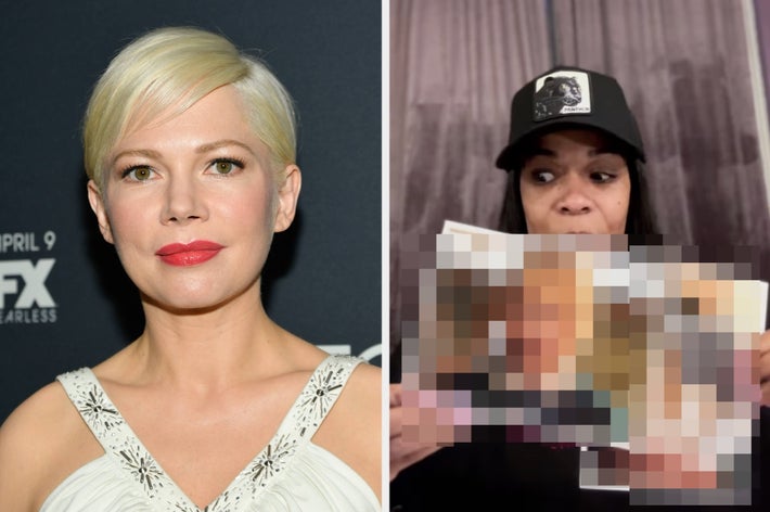 Michelle Williams with a short hairstyle in an elegant dress with sparkles on the straps at a public event vs singer Michelle Williams holding photos of actor Michelle Williams, wearing a cap and casual attire