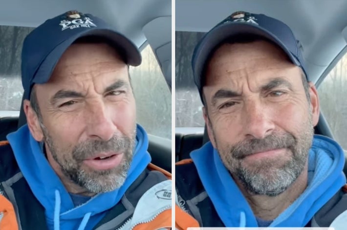 運転中の男性がカジュアルな服装で微笑んでいます。テキスト: 「Are you the grandparent that just pops over unannounced? So I&rsquo;m on my way to my」。