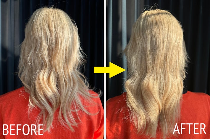 ブロンドの髪のビフォーアフター。ビフォーは波状、アフターはゆるいカール。矢印で変化を強調。