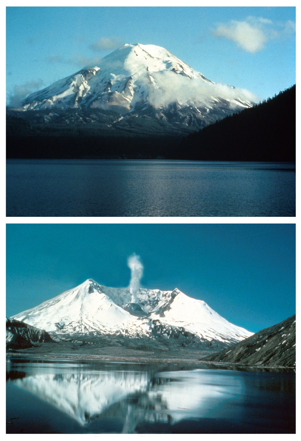 Two images of a snow-covered mountain: the top with a calm lake, the bottom showing the mountain smoking after an eruption