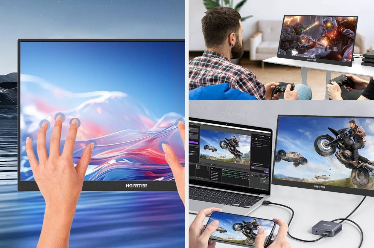 Hands interacting with portable touchscreen monitors displaying gaming and editing scenes; people using controllers in a living room