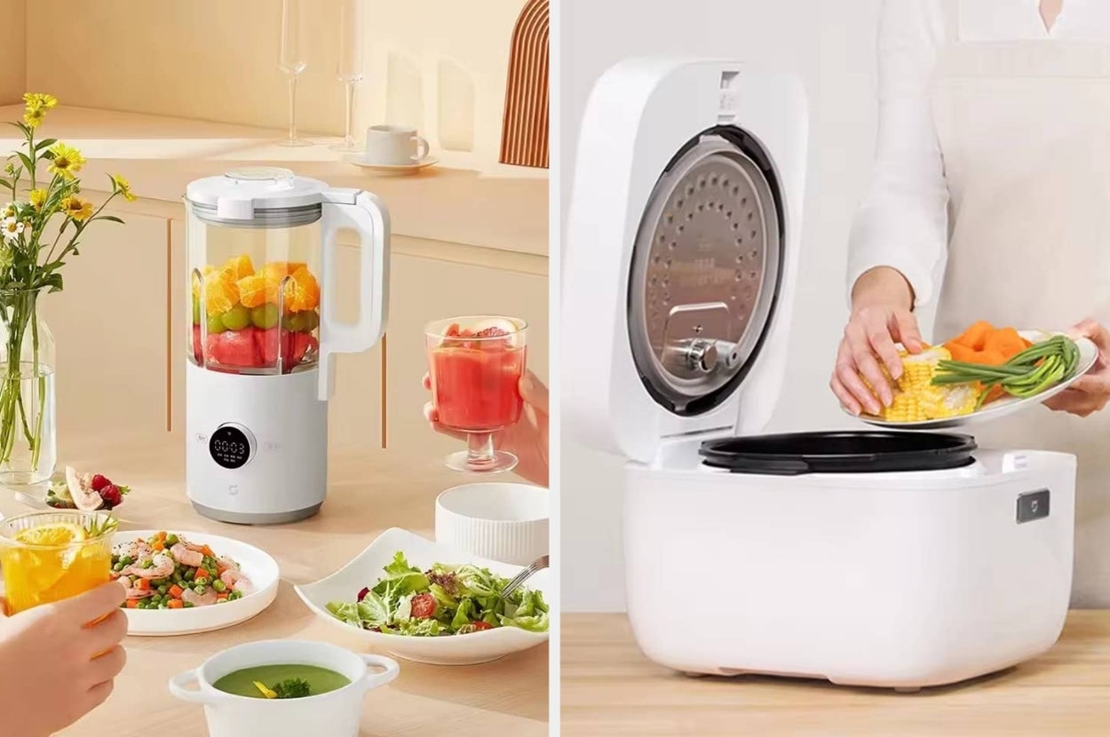 Smart blender and rice cooker with fresh ingredients in a kitchen setting, highlighting modern kitchen appliances for convenient meal prep