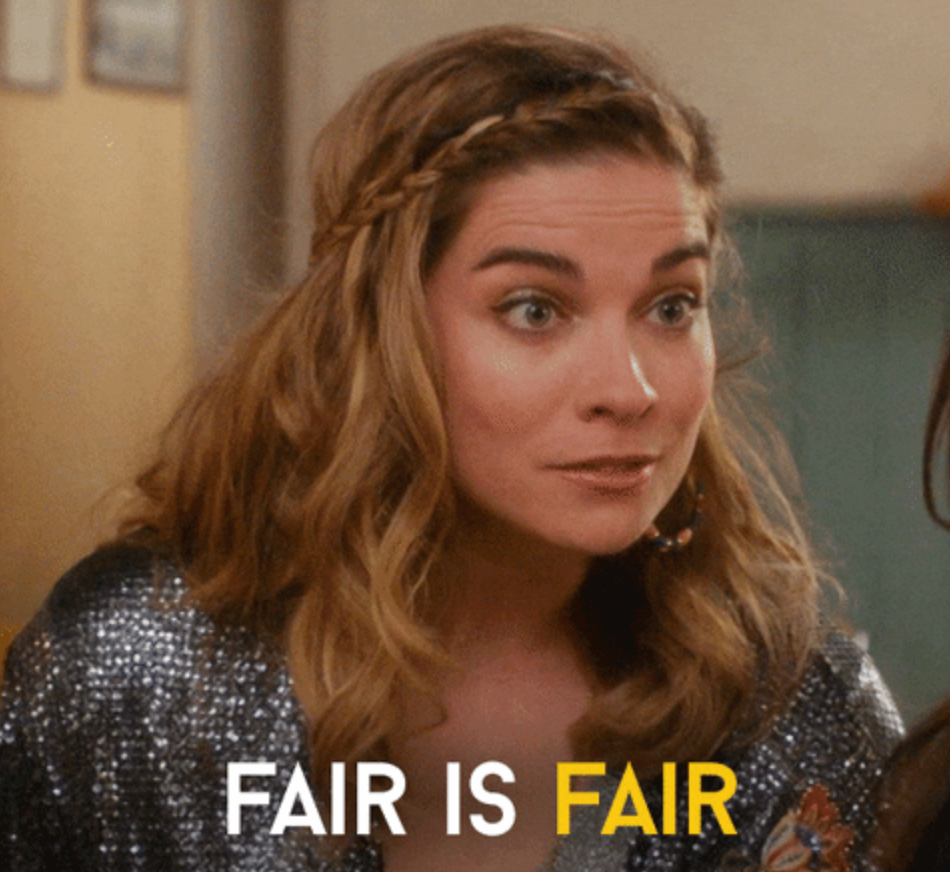 Woman with braided hairstyle wearing a sparkly outfit, looking animated, with text "FAIR IS FAIR" below
