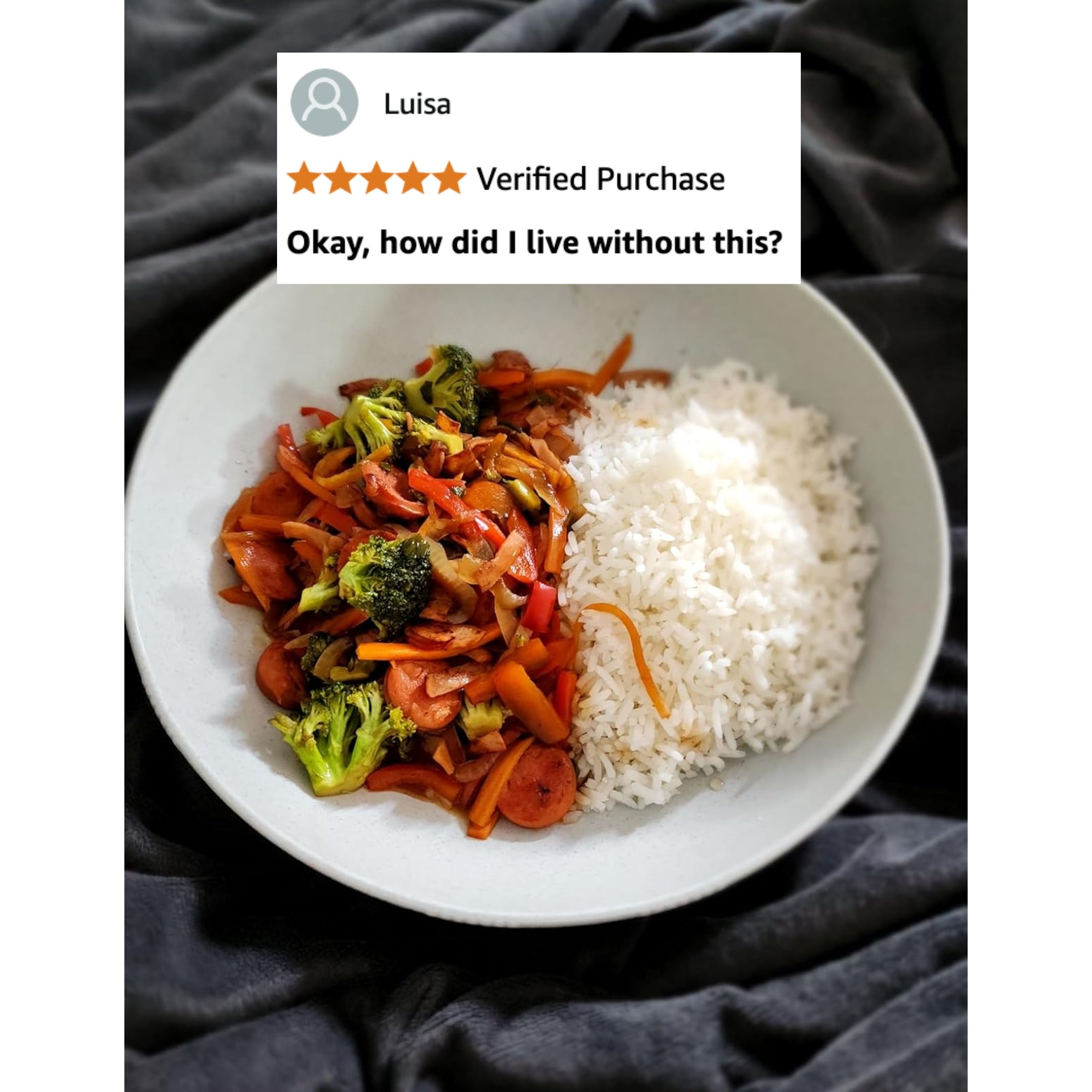 Plate with stir-fried vegetables and sausage served with white rice. Overlay text: 