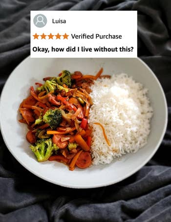 Plate with stir-fried vegetables and sausage served with white rice. Overlay text: