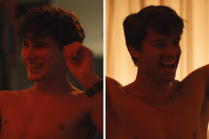 Two individuals smiling and gesturing energetically indoors, with warm lighting. Casual, joyful atmosphere