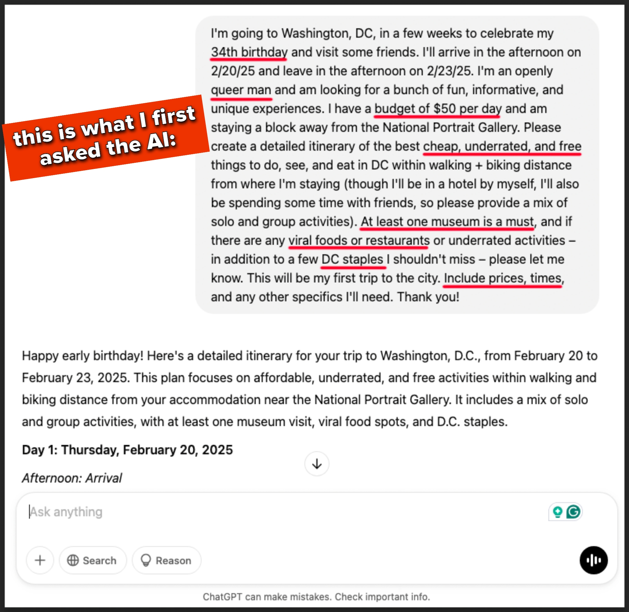 Summary of travel itinerary and prompt using AI