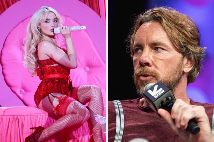 Singer performing in sparkly outfit with microphone on stage; man speaking into microphone at an event