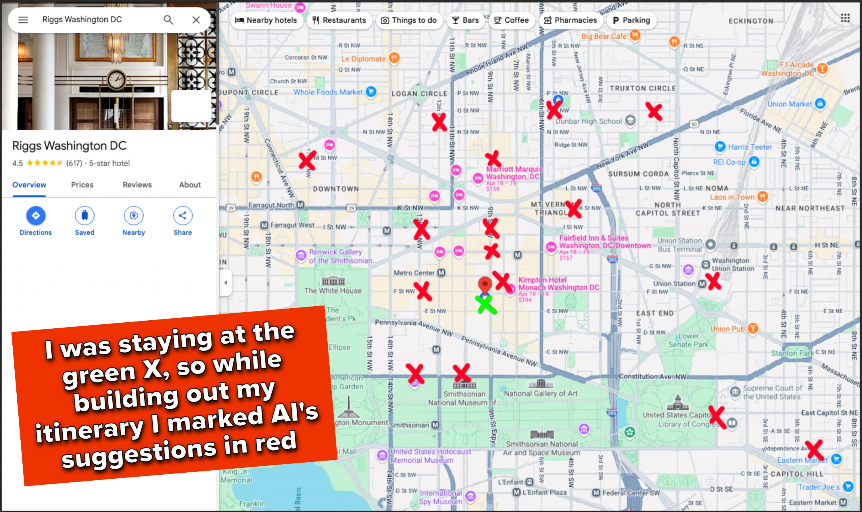 Map showing Washington DC with Riggs Washington DC hotel marked. Nearby locations are crossed out; one location in green