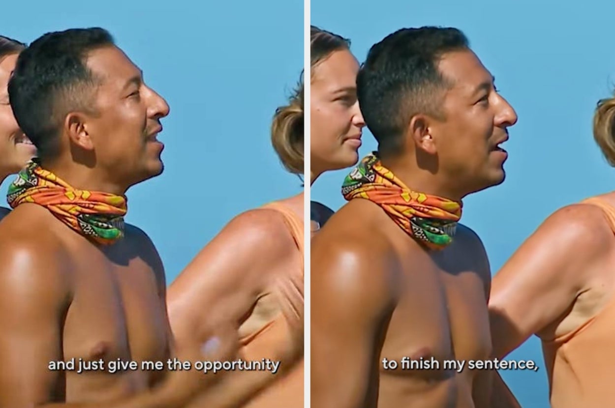 A person speaking outdoors, surrounded by others, wearing a patterned neck accessory. Subtitles show the speaker asking to finish their sentence