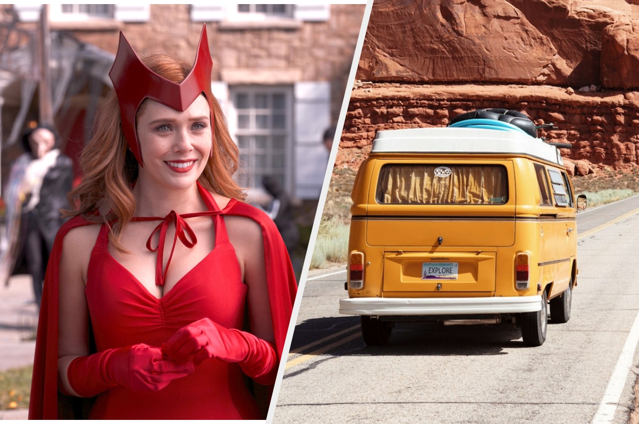 Left: Scarlet Witch in costume Right: Yellow van with luggage on roof, driving on a desert road