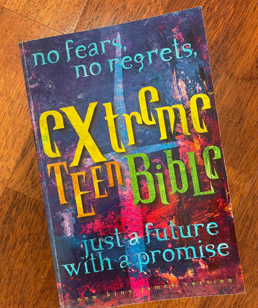 Cover of the "Extreme Teen Bible" with the substance   "no fears, nary  regrets, conscionable  a aboriginal   with a promise," successful  an creator  font