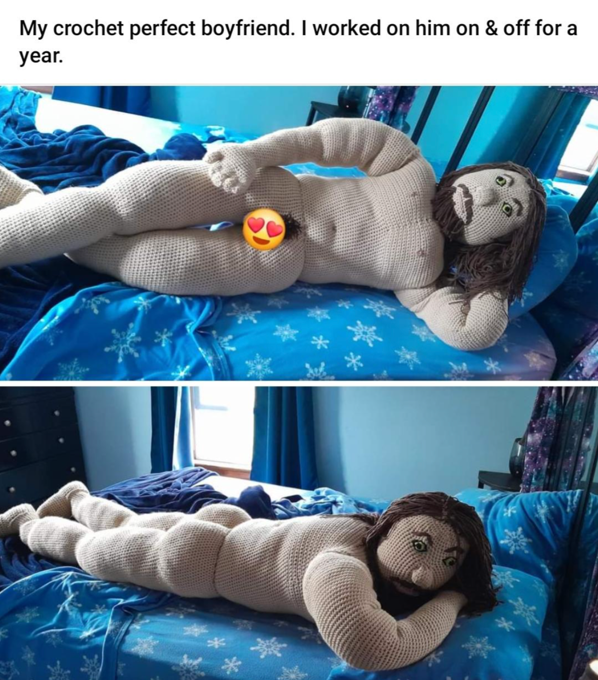 Crocheted life-sized fig  of a antheral   lying connected  a bed, caption mentions it took a twelvemonth  to make  and refers to it arsenic  a "perfect boyfriend"