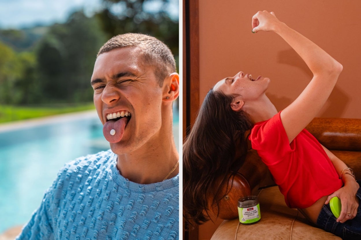 Two people enjoying wellness gummies; one by a pool with a playful expression, and another on a couch enthusiastically taking a gummy