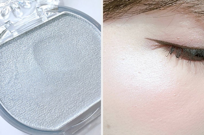 左側の画像は指で触れた状態のハイライトパウダー、右側は使用後のハイライトパウダーです。