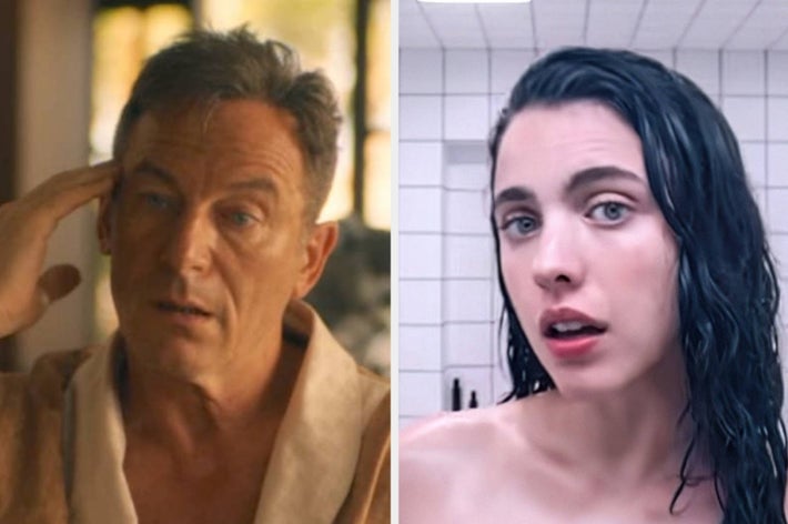 Two actors in separate scenes: a man in a robe looks concerned, and a woman with wet hair appears surprised or questioning