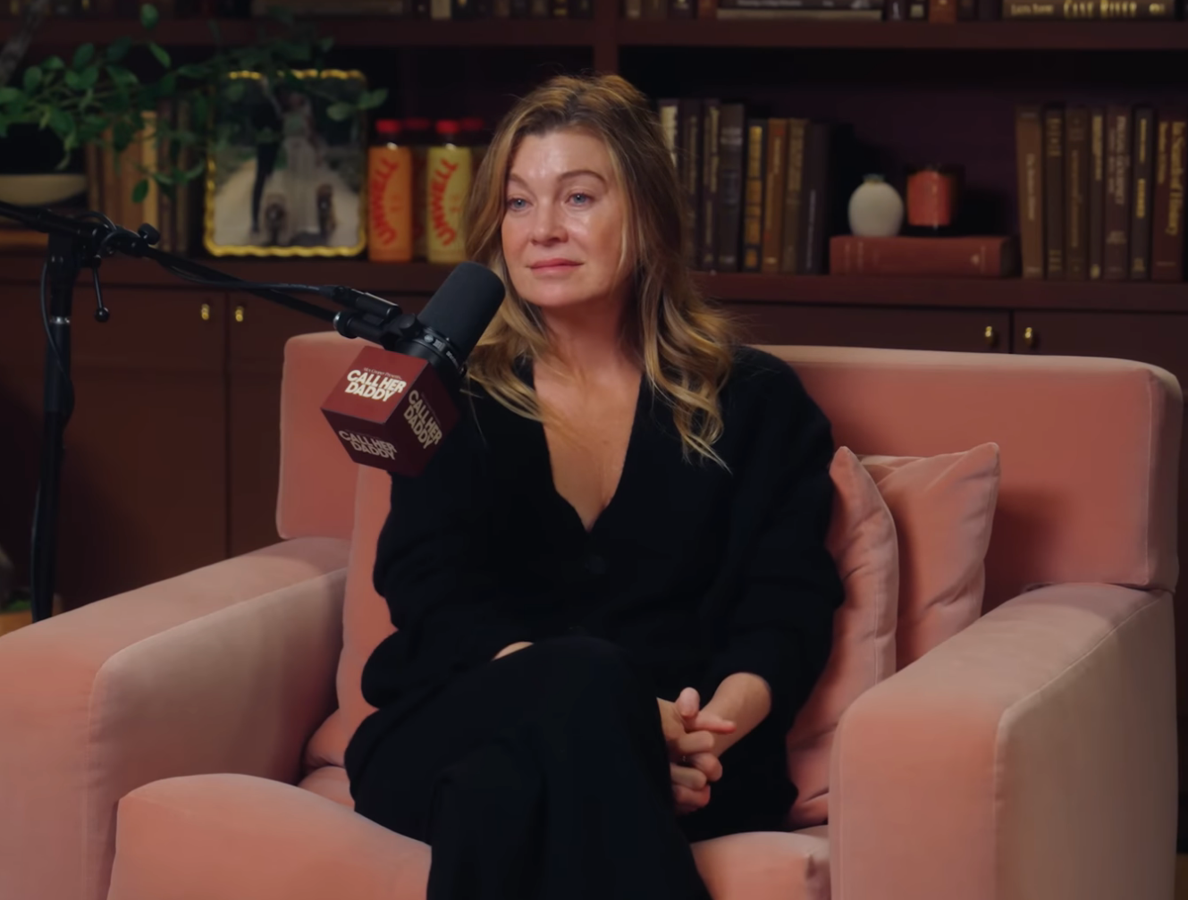 Ellen Pompeo speaking on a podcast episode