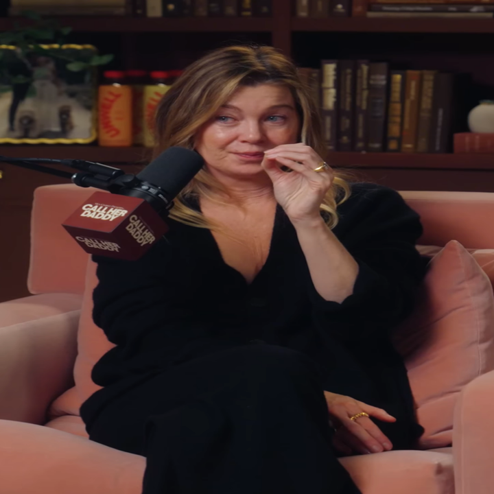 Ellen Pompeo speaking on a podcast