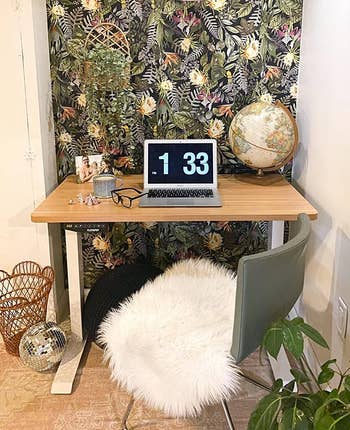 33, works accents, a globe, and a furry seat cover, perfect for a stylish workspace setup