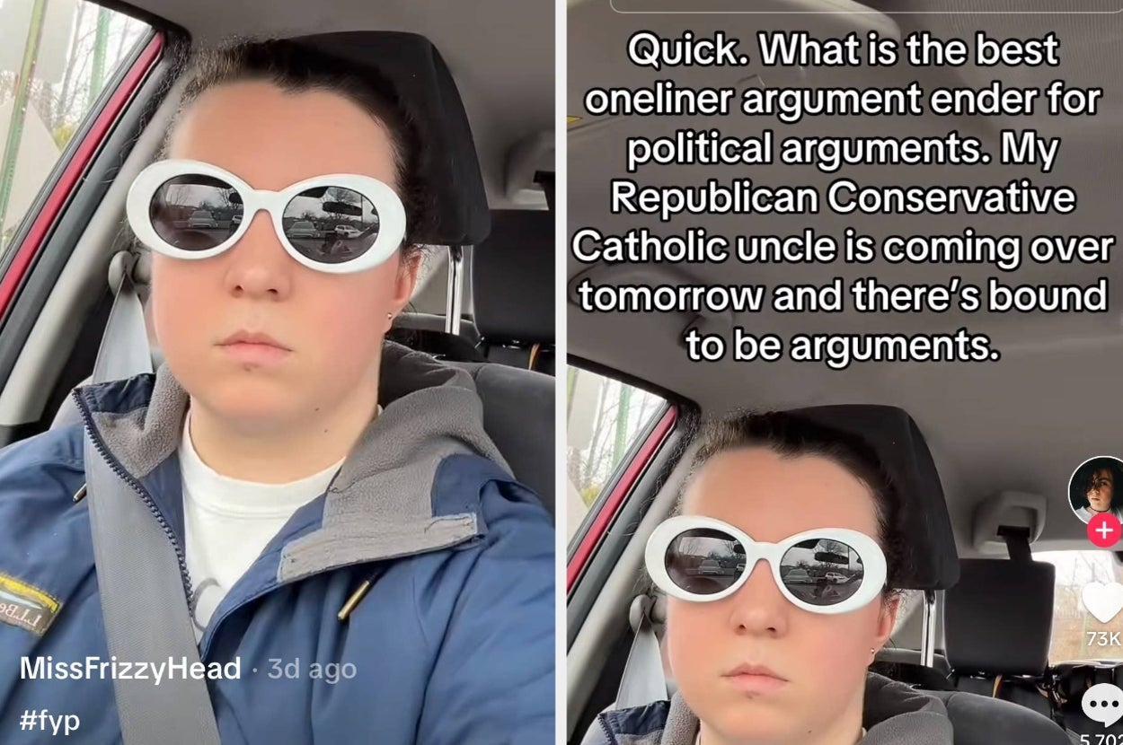 Person in car wearing white sunglasses, seeking advice on witty comebacks for political debates with conservative family