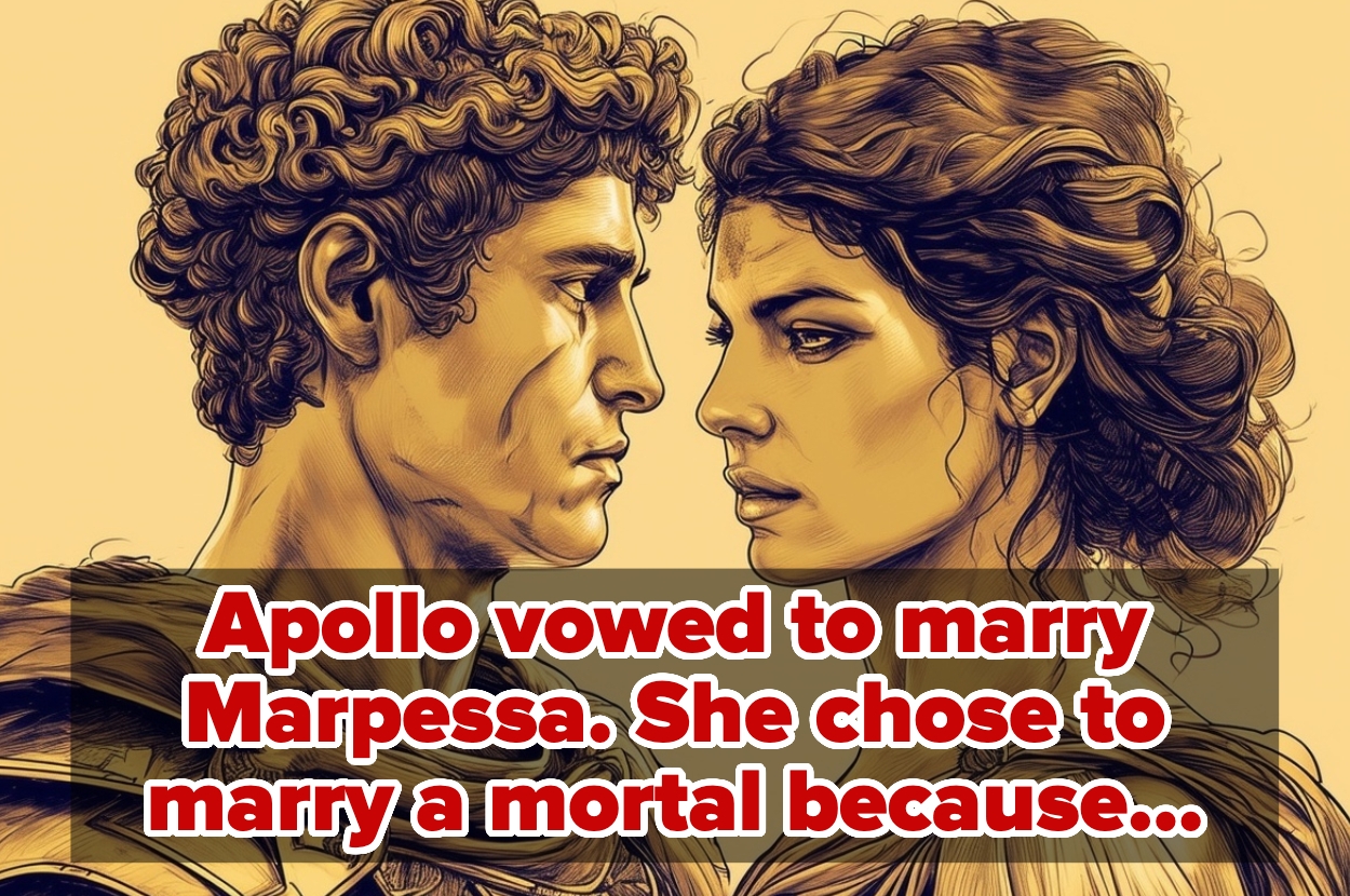 Illustration showing Apollo and Marpessa facing each other. The text reads: "Apollo vowed to marry Marpessa. She chose to marry a mortal because..."