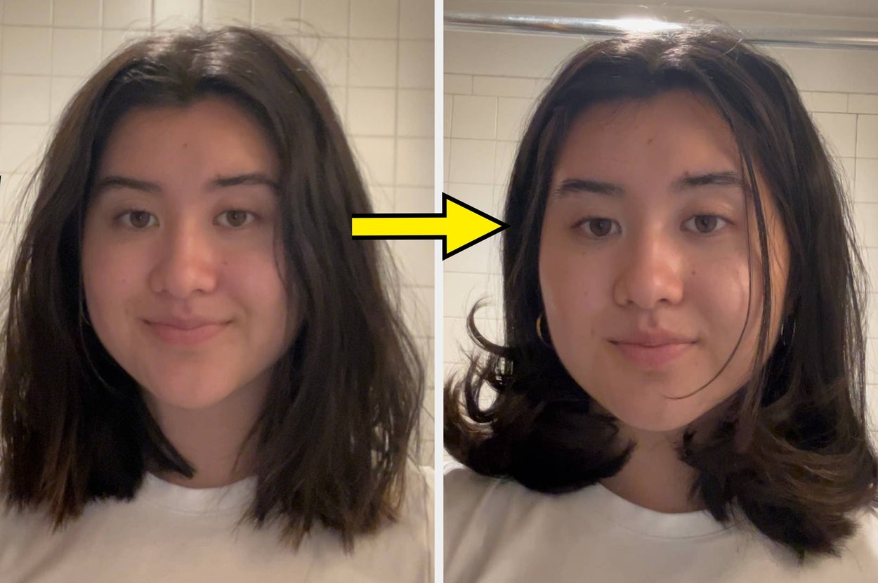 Person with shoulder-length hair styled differently in two side-by-side photos; hair tool set shown above
