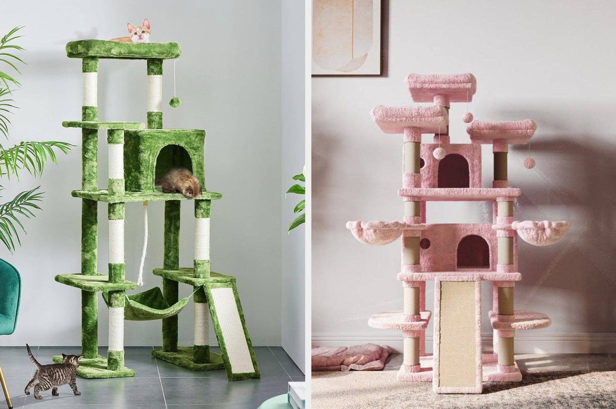 The green and pink cat trees