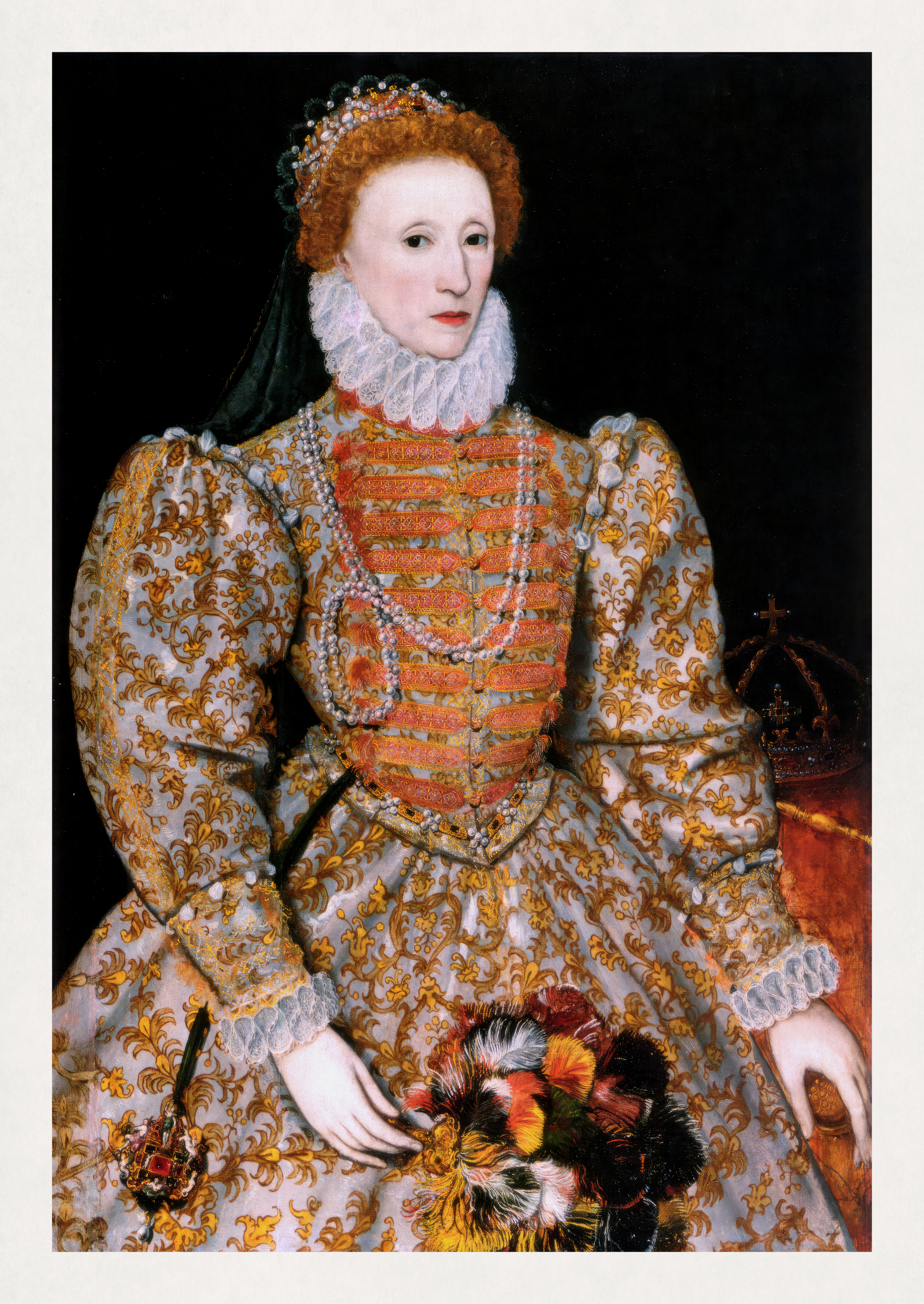 Portrait of a historical figure in ornate Renaissance attire with intricate patterns, pearls, and a ruffled collar, holding a feathered fan