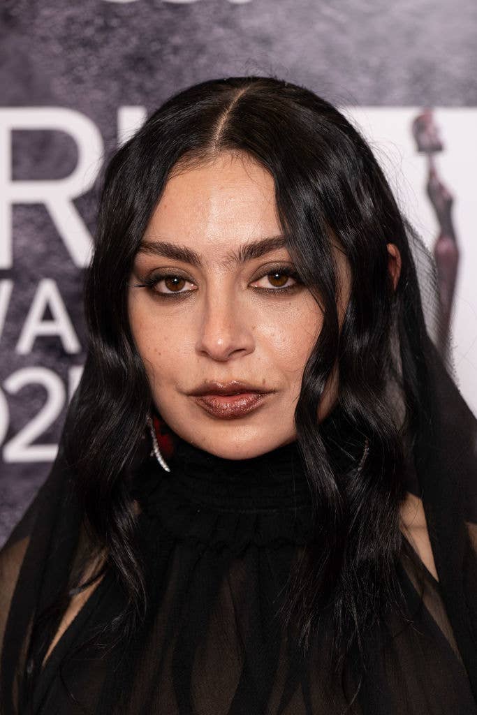 Person with long dark hair wearing a sheer black outfit, posing on a red carpet at an event