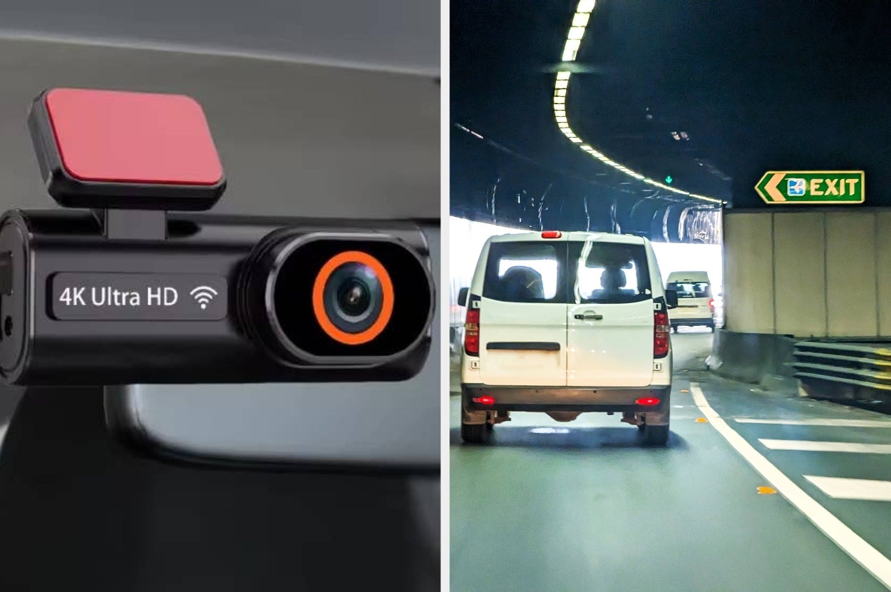 Car dash cam with 4K Ultra HD label; vehicle visible in the tunnel on the right, highlighting its real-world application