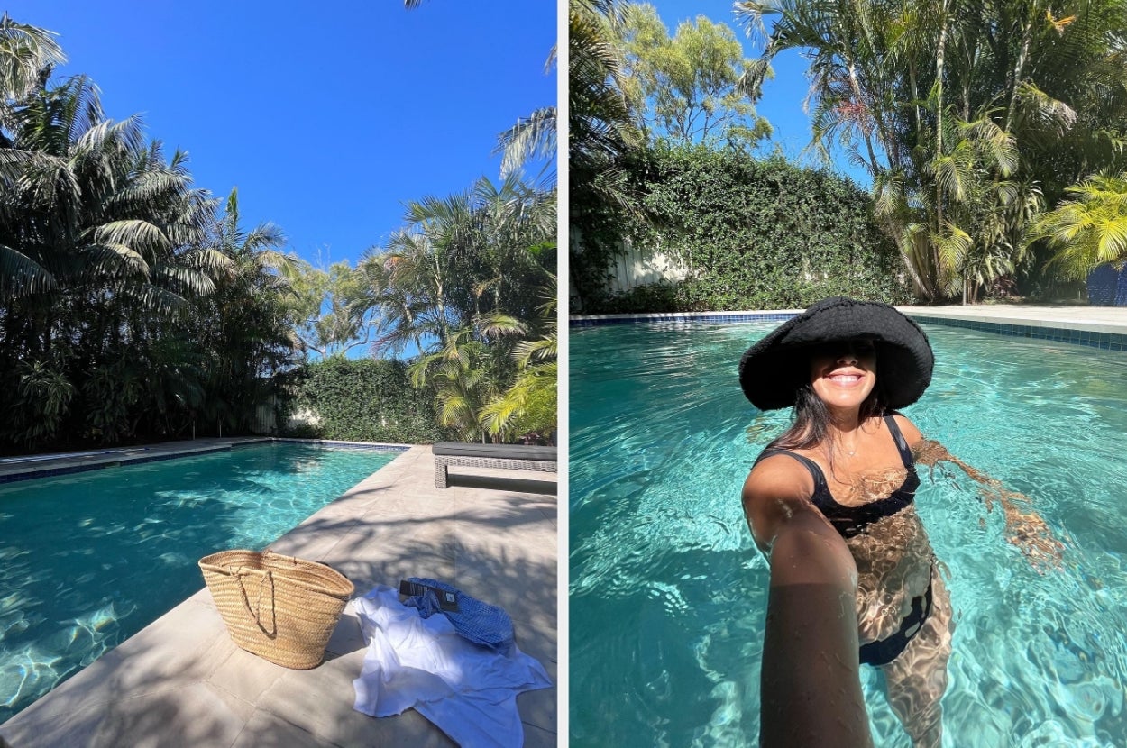 Left: Poolside with a straw bag, hat, and towel. Right: Person in a pool, wearing a wide-brimmed hat, smiling for a selfie