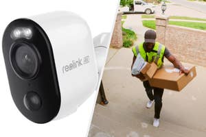 Home security camera from Reolink capturing a delivery person bringing packages to a doorstep