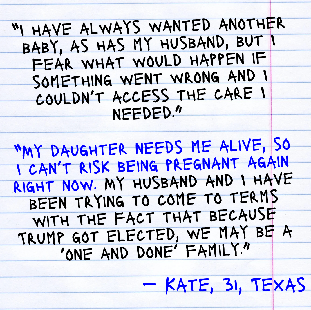 To sitater på papir uttrykker bekymring for å få flere barn uten tilgang til omsorg på grunn av politiske endringer. Signert av Kate, 31, Texas