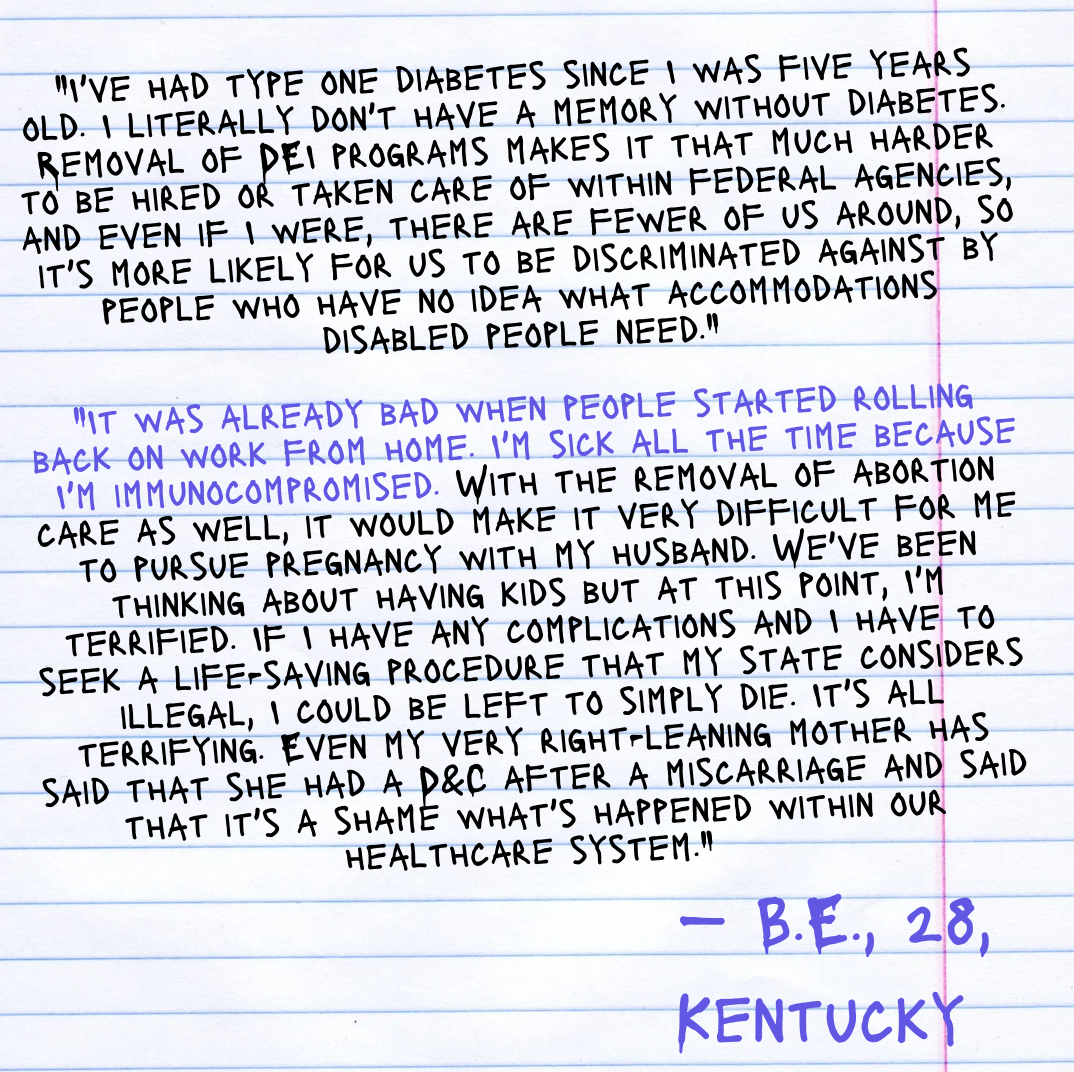 Håndskrevet notat diskuterer personlige helseutfordringer, kritiserer helsevesen og sosiale systemer. Bekymringer inkluderer funksjonshemming og spontanabortopplevelser