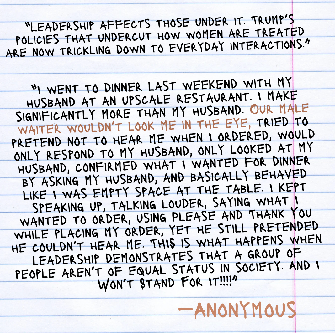 Håndskrevet notat diskuterer en kvinnes erfaring med kjønnsskjevhet på en restaurant, der servitøren ignorerte henne og bare henvendte seg til mannen sin