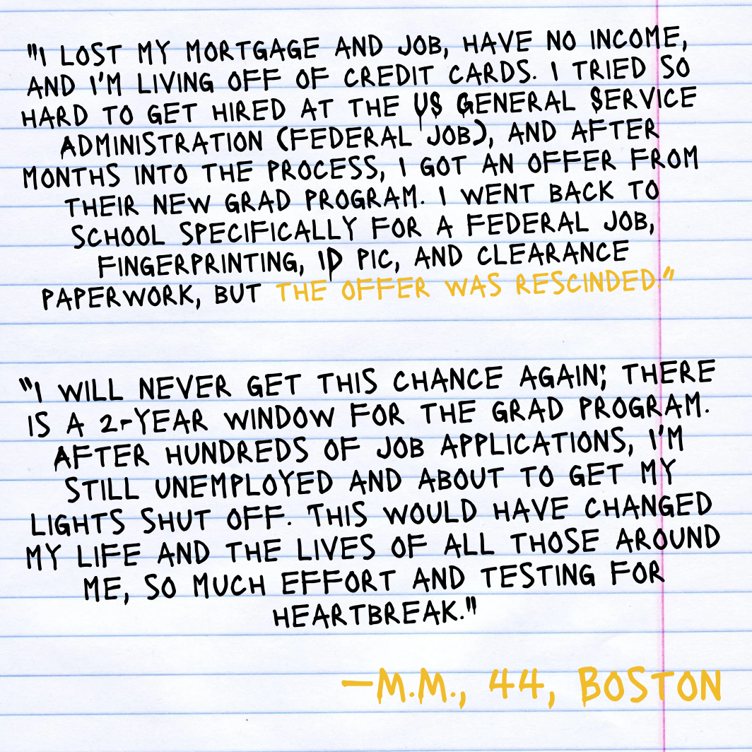 To sitater fra MM, 44, Boston, om å miste en sjanse til jobbopplæring etter økonomiske kamper, understreke hjertesorg og tapt mulighet