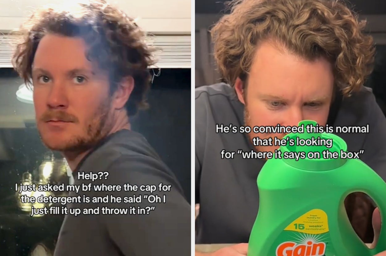 Two images: Left, a person looks confused near a washing machine. Right, same person inspects a detergent bottle closely, text implies uncertainty about use