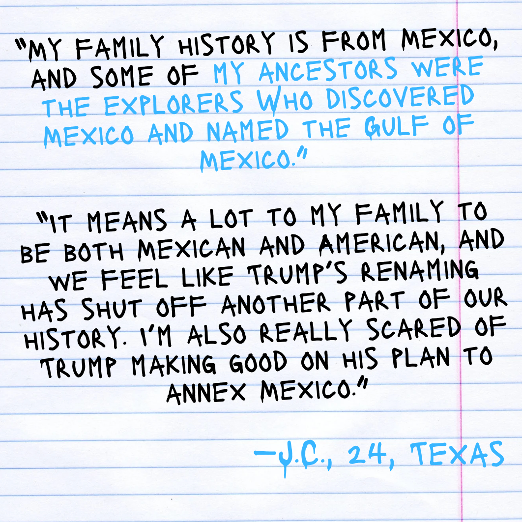 Bildet inneholder sitater fra JC, 24, Texas, og reflekterer over familiehistorien i Mexico og bekymringer over Trumps politikk for annektering
