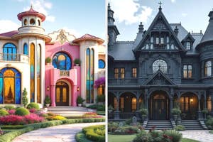 Left: Bright, ornate mansion with round towers and arches. Right: Dark, gothic-style mansion with steep gables and intricate woodwork
