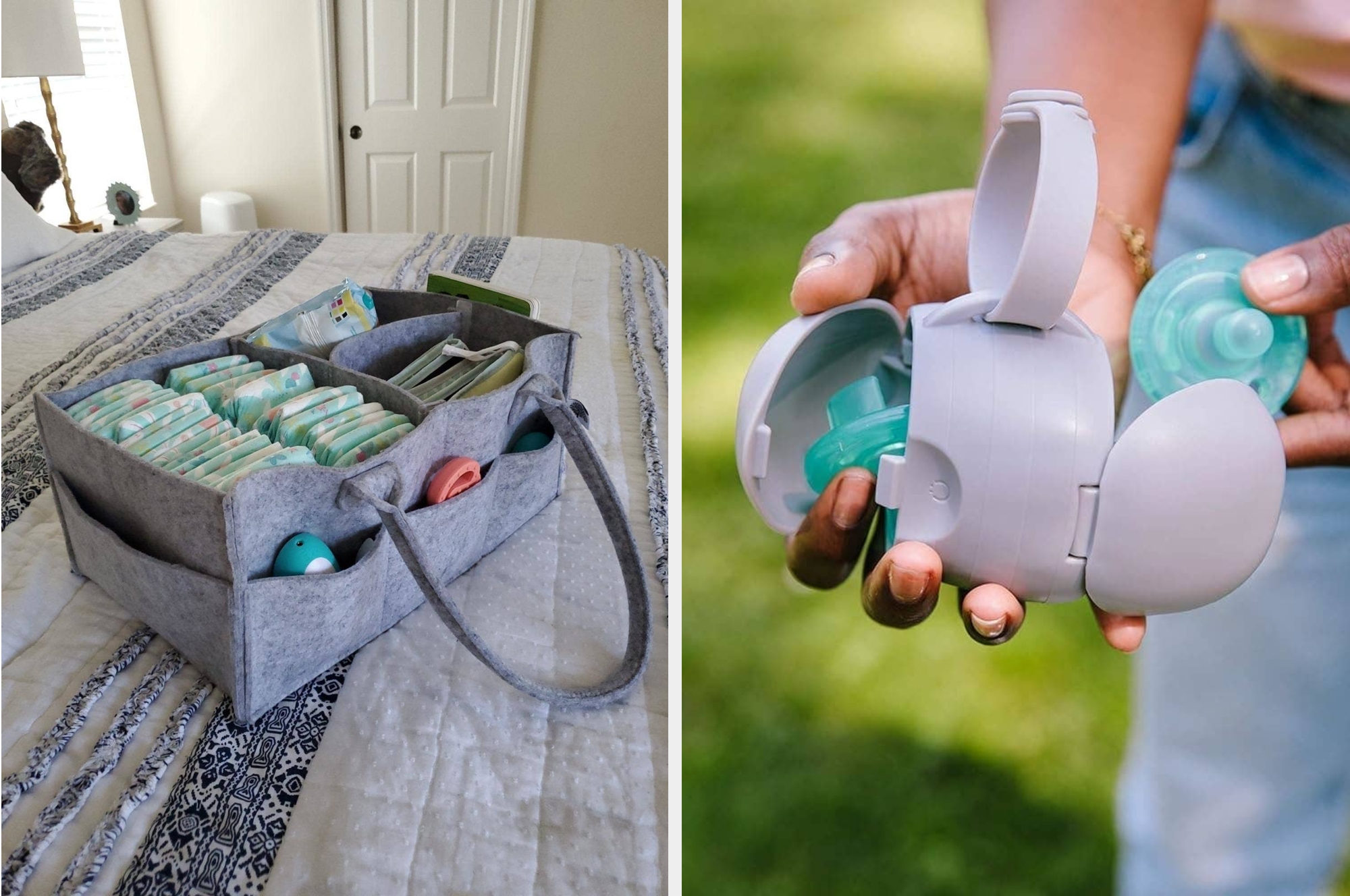 Organized diaper caddy filled with baby essentials; person holding portable diaper disposal bag dispenser. Ideal for on-the-go parents