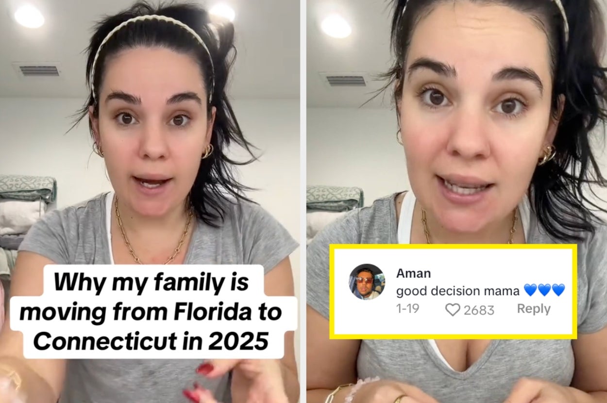 A woman explains her family's 2025 move from Florida to Connecticut. A comment reads, "good decision mama" with hearts