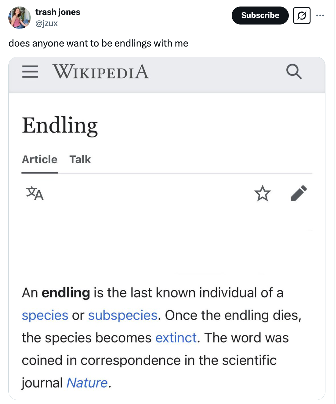Skjermbilde av en tweet som viser en definisjon av & quot; endling & quot; fra Wikipedia, og bemerker det som den siste personen til en art, noe som fører til utryddelse