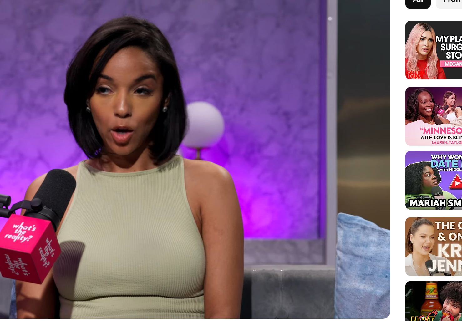 Virginia from "Love Is Blind" speaking into a mic during a podcast appearance