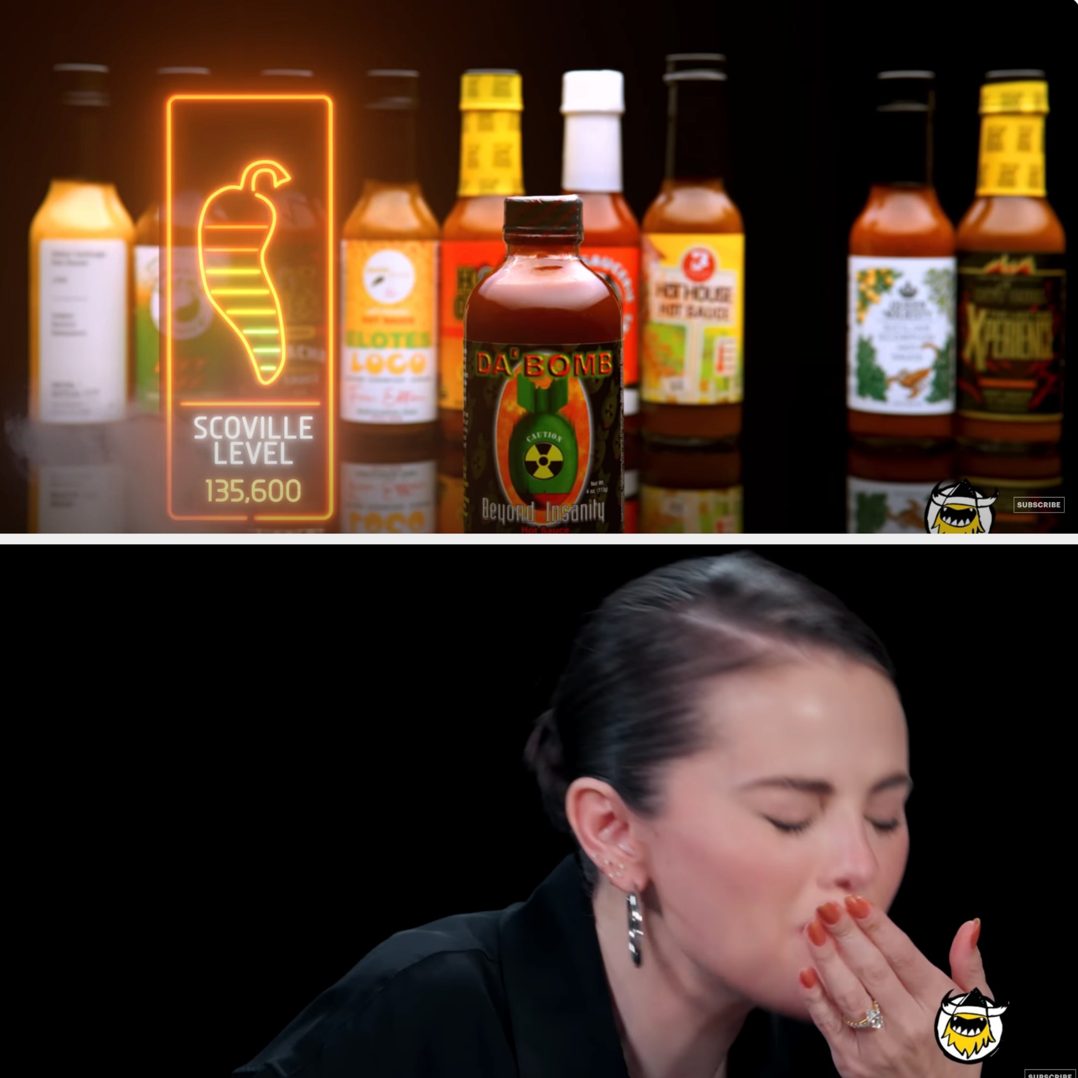 A person reacts to the spiciness of "Da Bomb" hot sauce on a talk show known for challenging celebrity guests with spicy foods