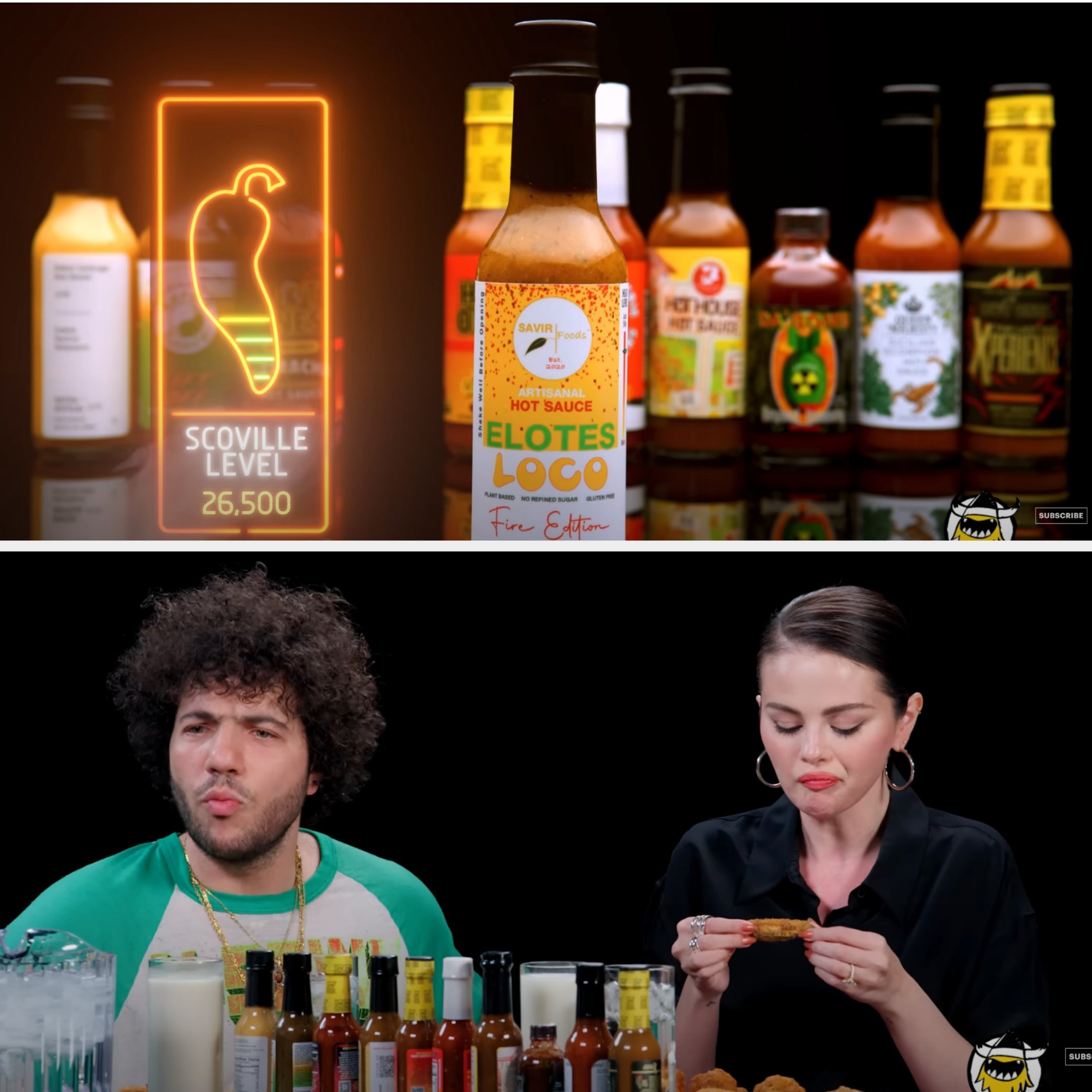  Top shows various hot sauces with a Scoville level sign. Bottom shows two individuals tasting hot wings on a show set