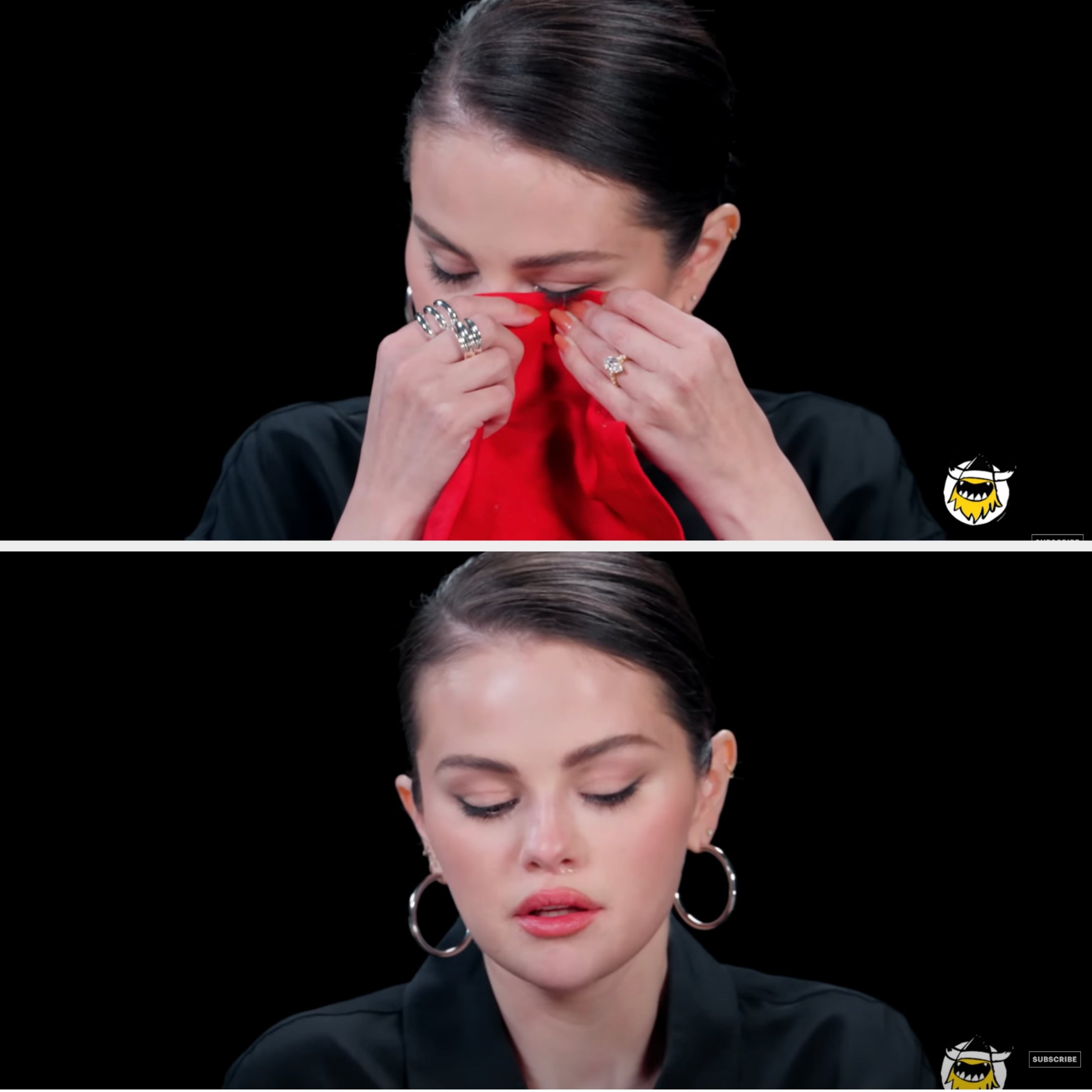 A woman dabs her eyes with a napkin in one photo and looks downward with a serious expression in another. She wears hoop earrings and a black outfit