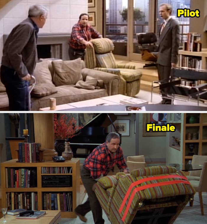  Person moving a large, colorful striped chair in the same room