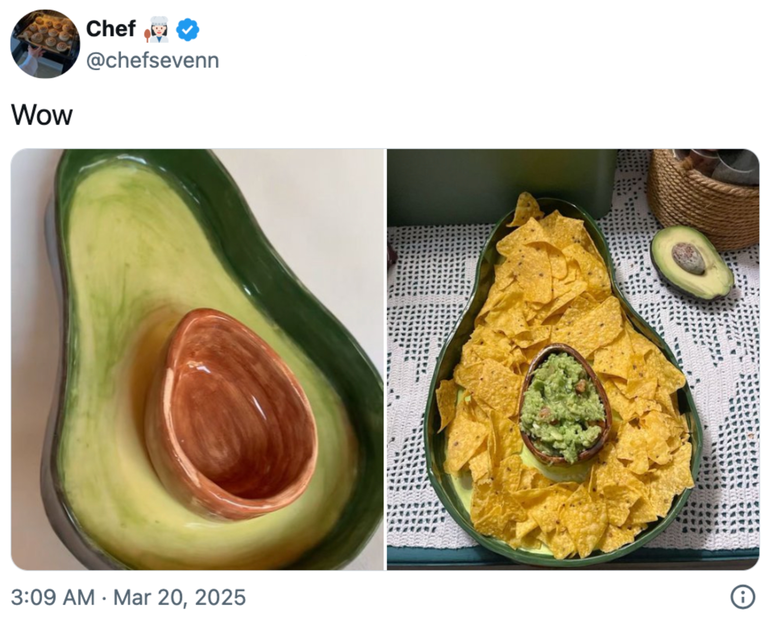 To delte bilder: Venstre viser en avokadoformet rett, høyre viser den samme retten fylt med tortillachips og guacamole i pit-området